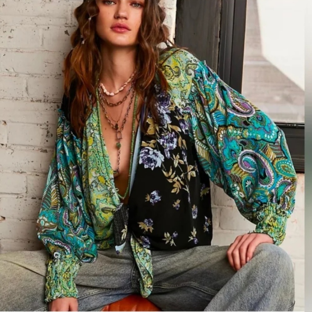 Free People Gemini Blue Green Floral Pieced Patchwork Blouse-Small
